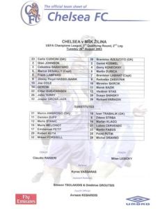 Chelsea v Zilina Moldova official colour teamsheet 26/08/2003 Champions League