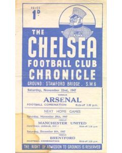 Chelsea Reserves v Arsenal Reserves official programme 22/11/1947