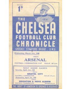 Chelsea Reserves v Arsenal Reserves official programme 31/03/1948