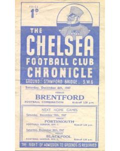 Chelsea Reserves v Brentford Reserves official programme 06/12/1947