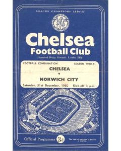 Chelsea Reserves v Norwich Reserves official programme 31/12/1960
