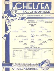 Chelsea Reserves v Queen's Park Rangers Reserves official programme 28/04/1937