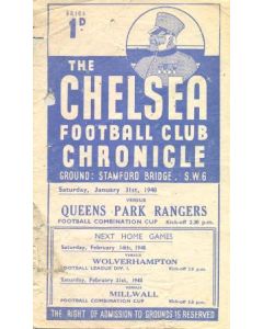 Chelsea Reserves v Queen's Park Rangers Reserves official programme 31/01/1948