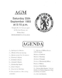 Chelsea Supporters Club Agenda of 25/09/1993