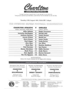 Charlton Athletic v Chelsea Reserves official teamsheet 27/08/1991 Football Combination