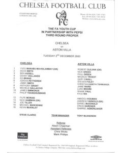 Chelsea v Aston Villa teamsheet 02/12/2003 F.A. Youth Cup