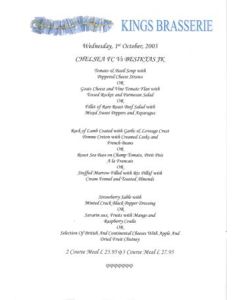 Chelsea v Besiktas King's Brasserie menu 01/10/2003 Champions League