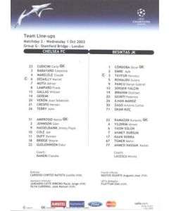 Chelsea v Besiktas teamsheet 01/10/2003 Champions League