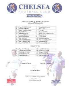 Chelsea v Blackburn Rovers official colour teamsheet 22/02/2003 Premier League