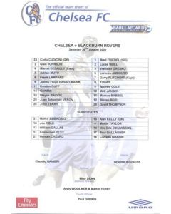 Chelsea v Blackburn Rovers official colour teamsheet 30/08/2003 Premier League