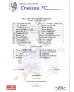 Chelsea v Bolton Wanderers official colour teamsheet 13/12/2003