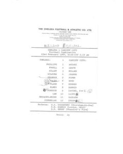 Chelsea v Cardiff City Reserves official teamsheet 23/02/1980 Football Combination