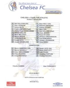 Chelsea v Charlton Athletic official colour teamsheet 08/02/2004 Premier League