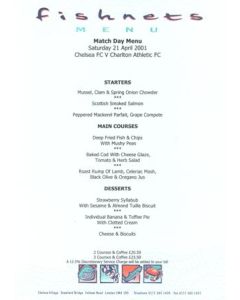 Chelsea v Charlton Athletic Fishnets menu 21/04/2001 Premier League