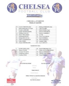 Chelsea v Everton official colour teamsheet 21/04/2003 Premier League