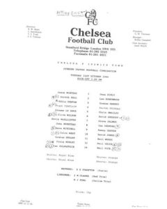 Chelsea v Ipswich Reserves official teamsheet 31/10/1989 Football Combination