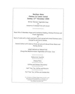 Chelsea v Leeds United Bentley's menu 12/11/2000