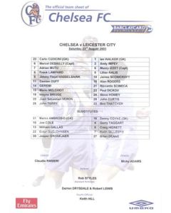 Chelsea v Leicester City official colour teamsheet 23/08/2003 Premier League