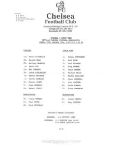 Chelsea v Luton Town Reserves official teamsheet 24/01/1994 Football Combination