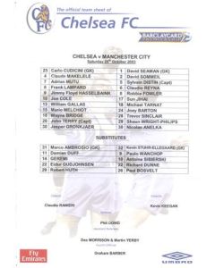 Chelsea v Manchester City official colour teamsheet 25/10/2003 Premier League