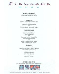 Chelsea v Middlesbrough Fishnets menu 31/03/2001 Premier League