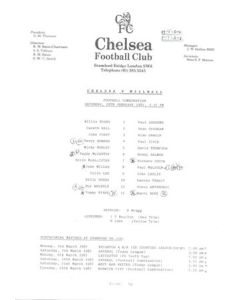 Chelsea v Millwall Reserves official teamsheet 28/02/1987 Football Combination