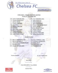 Chelsea v Manchester United official colour teamsheet 30/11/2003 Premier League