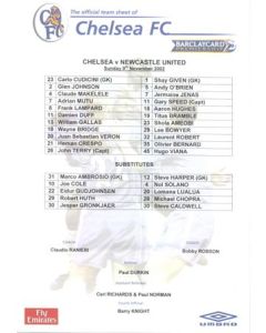 Chelsea v Newcastle United official colour teamsheet 09/11/2003 Premier League