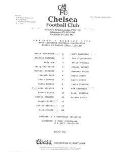 Chelsea v Norwich Reserves official teamsheet 22/08/1994 Football Combination