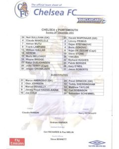 Chelsea v Portsmouth official colour teamsheet 28/12/2003 Premier League