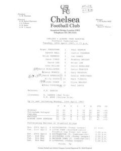 Chelsea v Queen's Park Rangers Reserves official teamsheet 14/04/1987 Football Combination