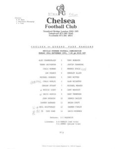 Chelsea v Queen's Park Rangers Reserves official teamsheet 28/09/1992 Neville Ovenden Football Combination