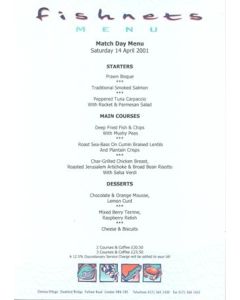 Chelsea v Southampton Fishnets menu 14/04/2001