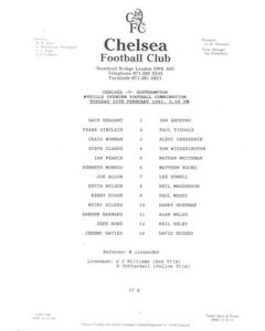Chelsea v Southampton Reserves official teamsheet 25/02/1992 Football Combination