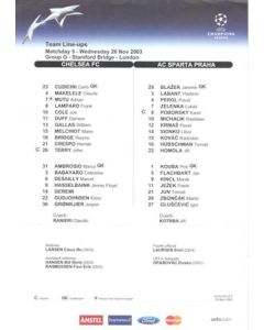 Chelsea v Sparta Prague official colour teamsheet 26/11/2003 Champions League