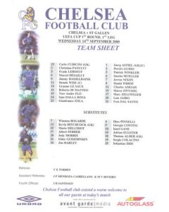 Chelsea v St. Gallen Switzerland official colour teamsheet 14/09/2000 UEFA Cup