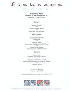 Chelsea v Sunderland Fishnets menu 17/03/2001 Premier League