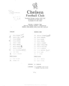 Chelsea v Swindon Reserves official teamsheet 16/08/1993 Football Combination