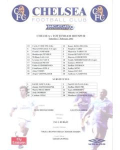 Chelsea v Tottenham Hotspur official colour teamsheet 01/02/2003 Premier League