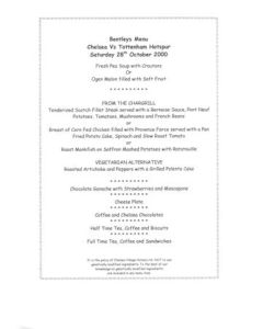 Chelsea v Tottenham Hotspur Bentley's menu 28/10/2000