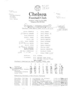 Chelsea v Tottenham Hotspur Reserves official teamsheet 30/04/1985 Football Combination