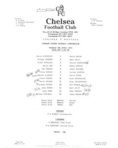 Chelsea v Watford Reserves official teamsheet 02/04/1991 Football Combination