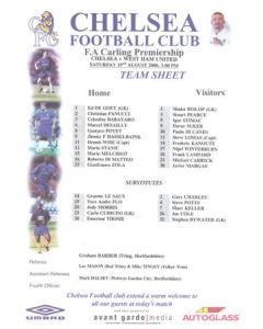 Chelsea v West Ham United official colour teamsheet 19/08/2000 Carling Premiership