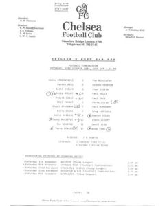 Chelsea v West Ham United Reserves official teamsheet 25/10/1986 Football Combination