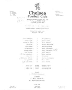 Chelsea v Wimbledon Reserves official teamsheet 03/04/1990 Football Combination