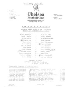Chelsea v Wimbledon official teamsheet 08/09/1987 Southern Junior Floodlit Cup
