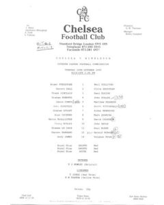 Chelsea v Wimbledon Reserves official teamsheet 16/10/1990 Football Combination