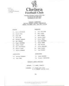 Chelsea v Wimbledon Reserves official teamsheet 07/03/1994 Football Combination