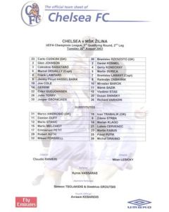 Chelsea v Zilina Moldova official colour teamsheet 26/08/2003 Champions League