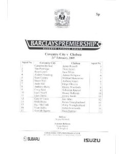 Coventry City v Chelsea official teamsheet 21/02/2005